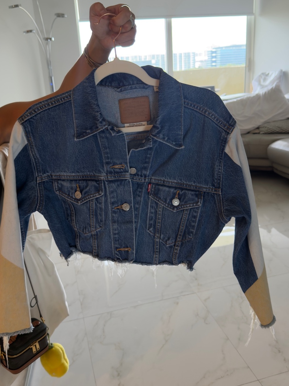 Levi's Distressed Blue Denim Crop Jacket with Contrast Sleeves
